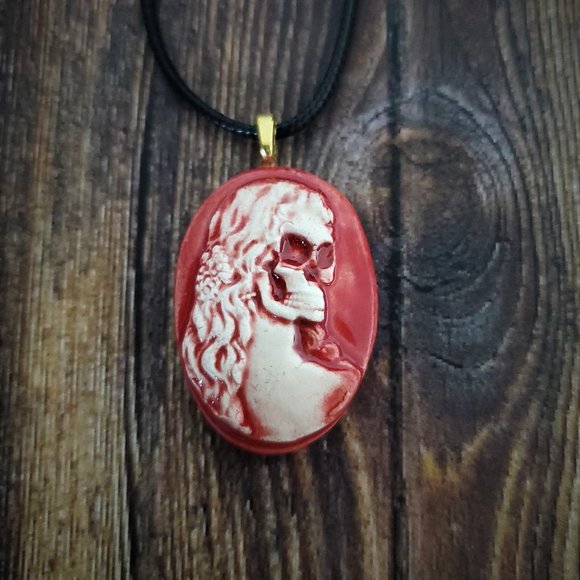 Handmade Ceramic Red Skull Cameo Pendant Necklace - Picture 12 of 14